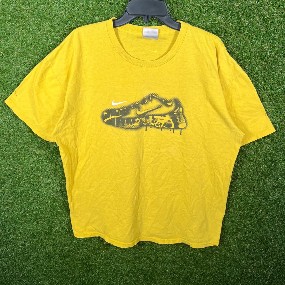 Nike Graphic T Shirt Yellow Mens XL Nike Swoosh Sneaker Print Tee silver tag Y2K
